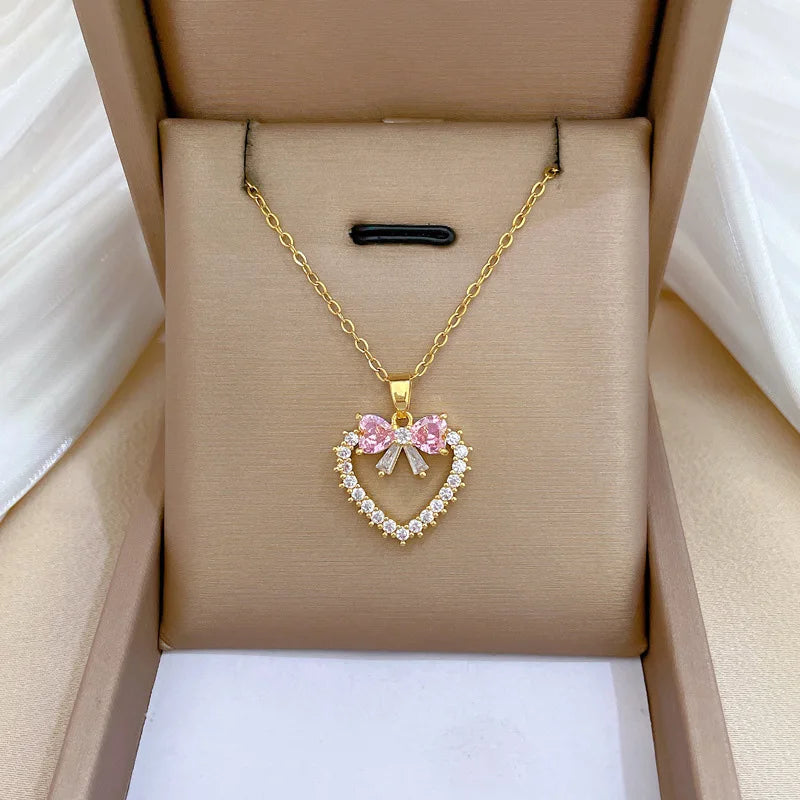 Pink Bow Heart Necklace