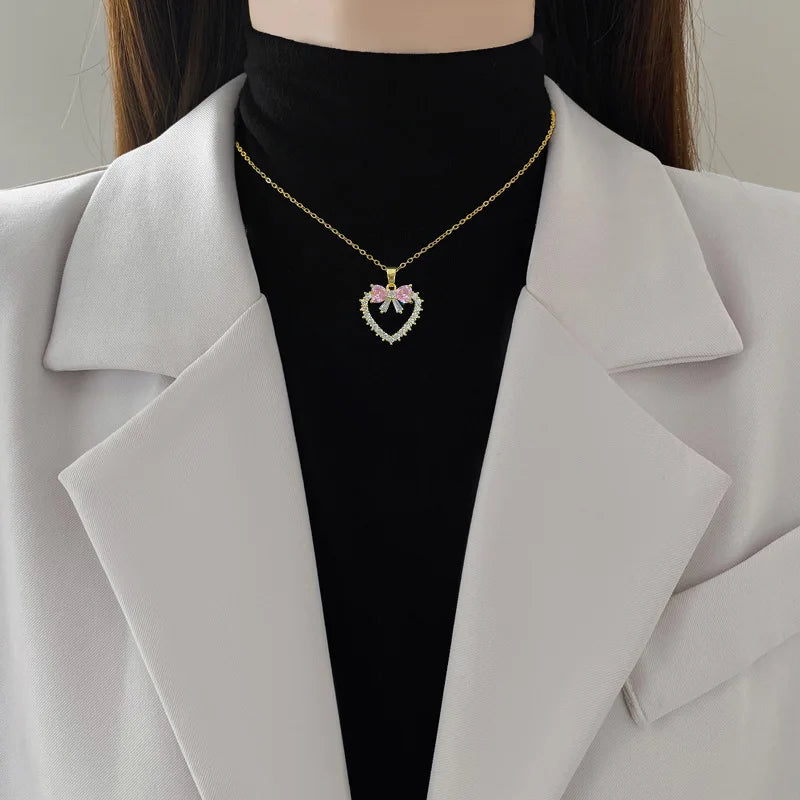 Pink Bow Heart Necklace