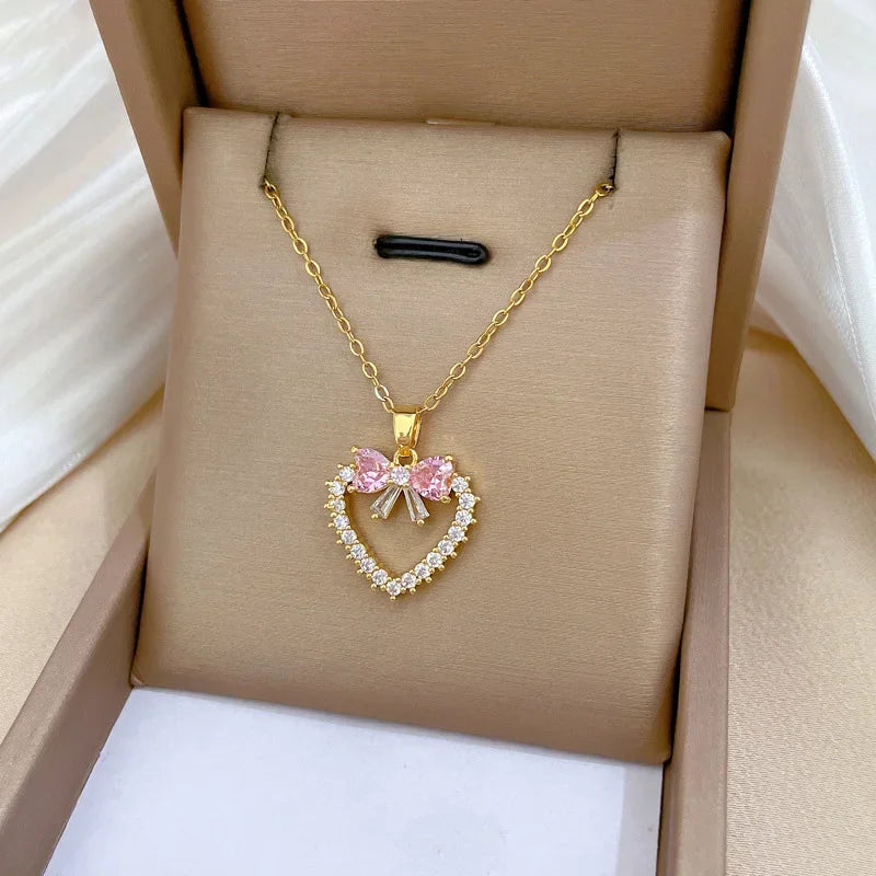 Pink Bow Heart Necklace