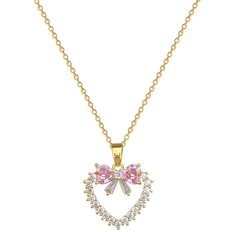 Pink Bow Heart Necklace