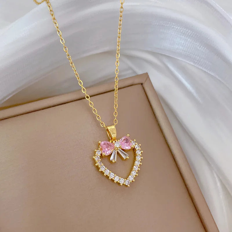 Pink Bow Heart Necklace