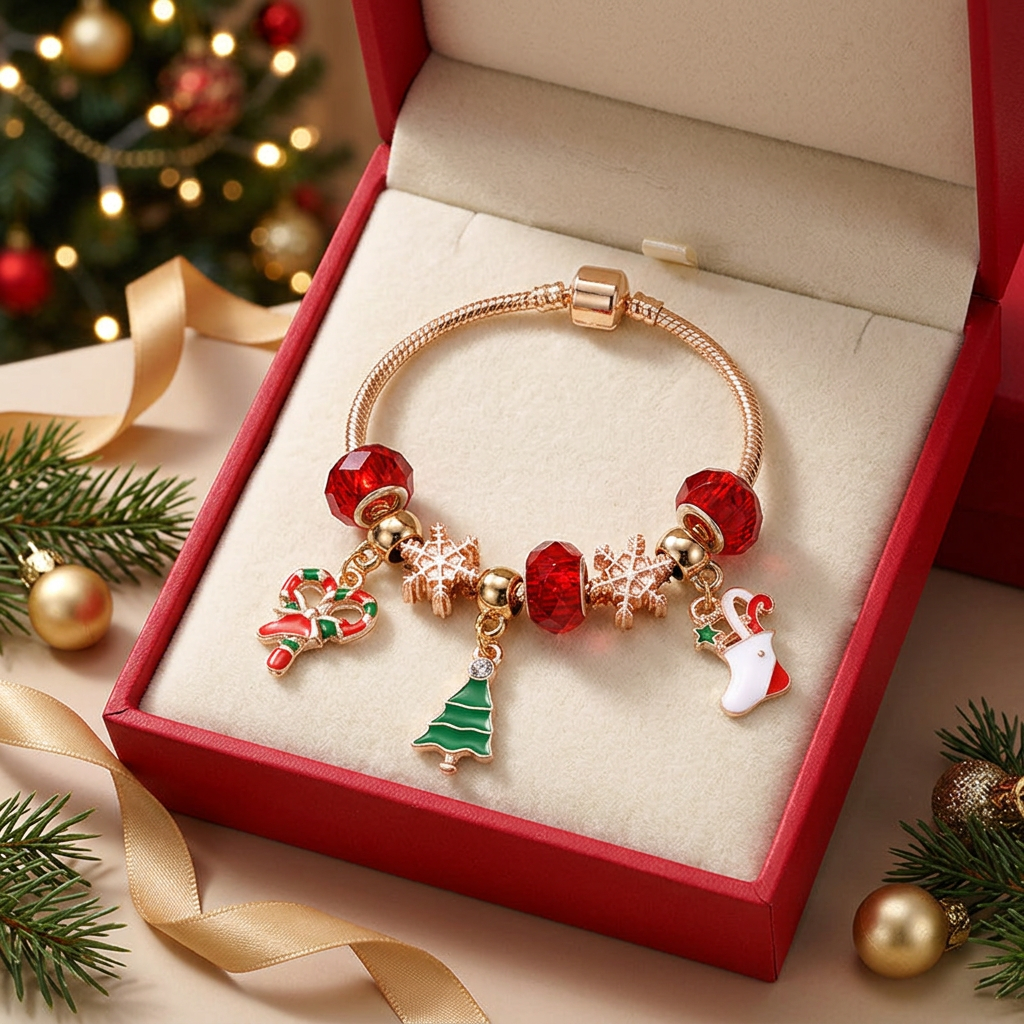 Christmas charm bracelet in a bright red gift box