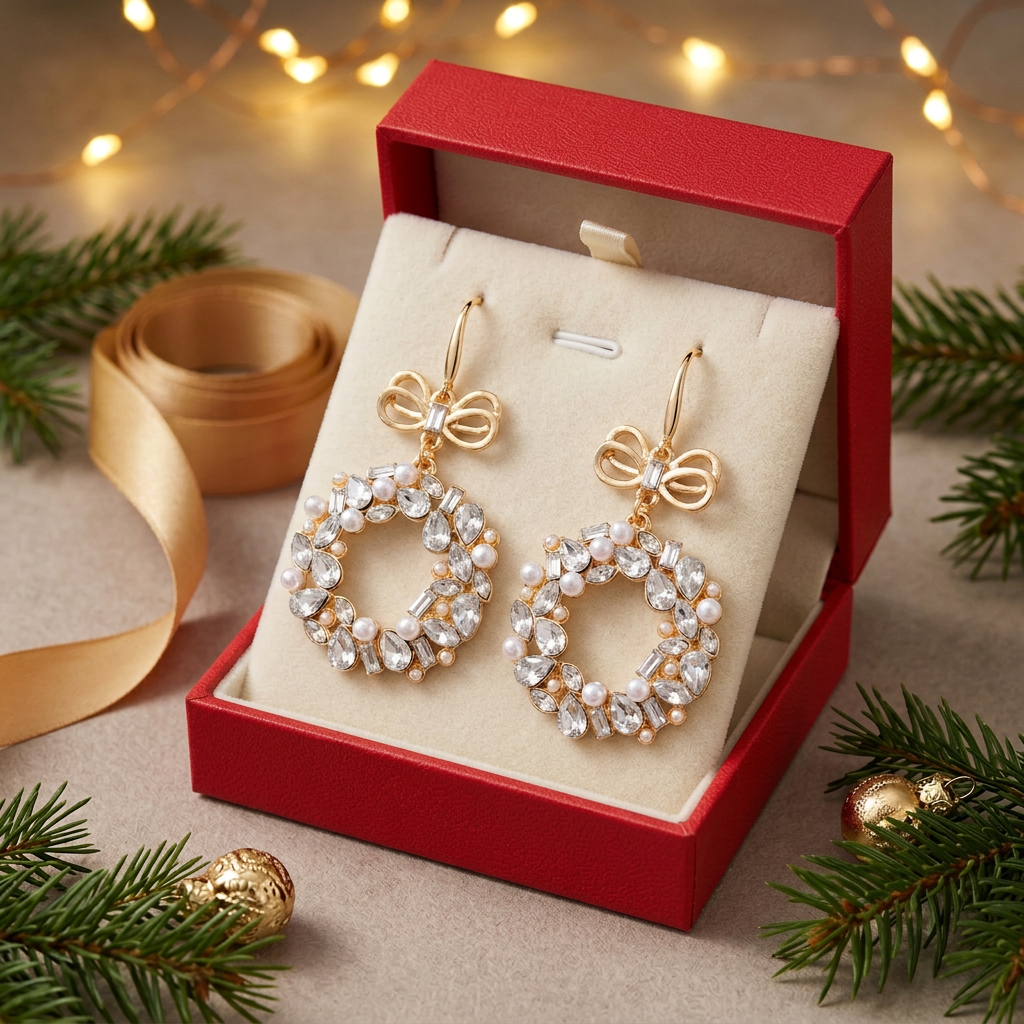 Christmas wreath earrings in a bright candy-cane red gift box