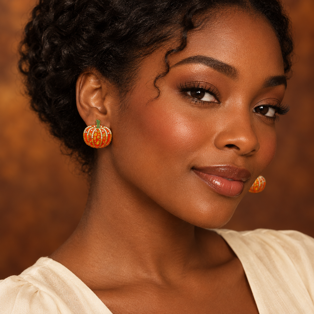 Different model wearing sparkling pumpkin earrings