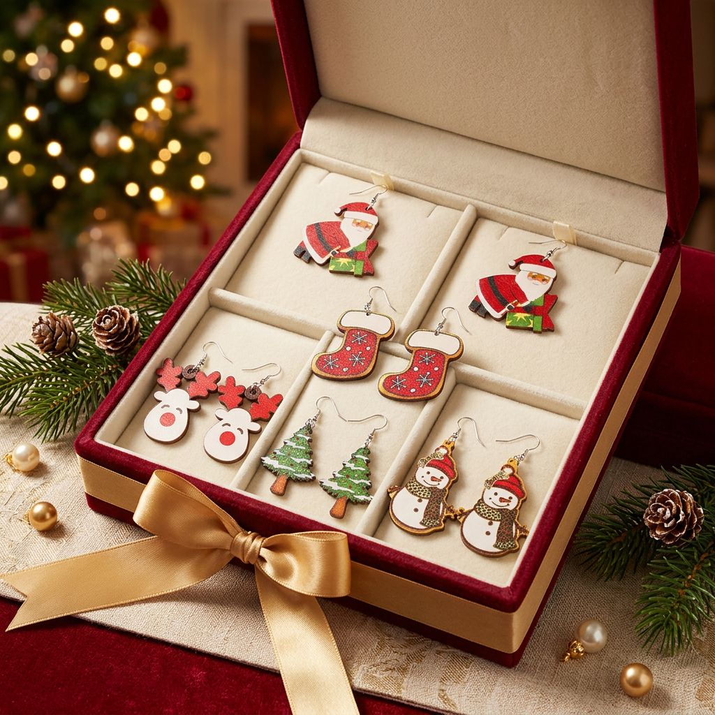 Five Christmas earring pairs styled in a festive gift box