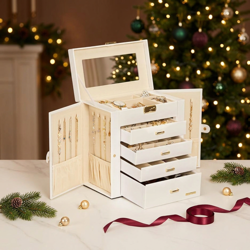 Jewelry box styled as an elegant Christmas gift