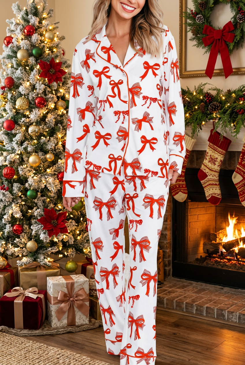 Model wearing bow-print pajamas in a realistic Christmas setting