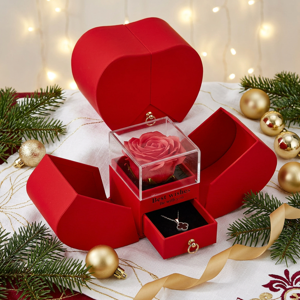 Rose jewelry box styled as a Christmas gift